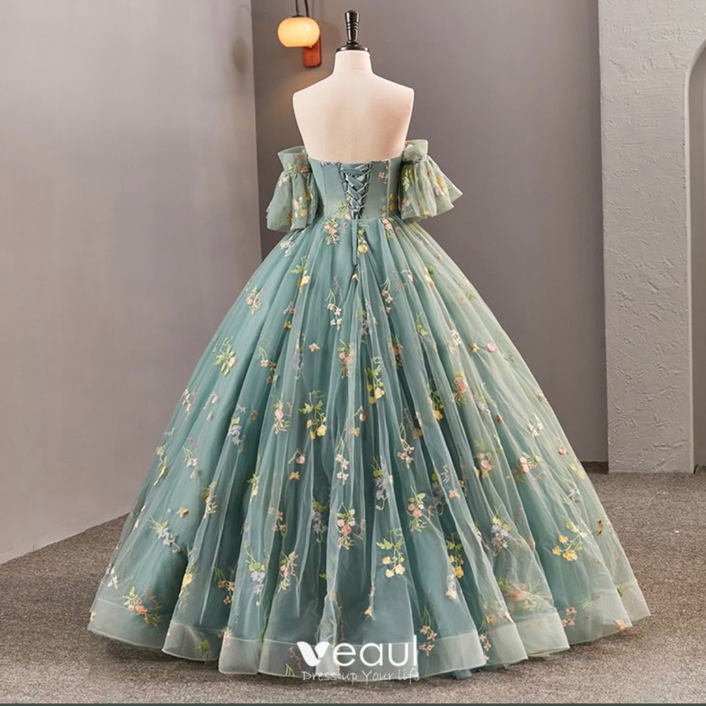 Formal Dress Flower Fairy Sage Green Sweetheart Corset Prom Floral Lace Floor